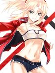  armpits bandeau belt blonde_hair blush braid breasts commentary_request cowboy_shot cutoffs eyebrows_visible_through_hair fate/apocrypha fate_(series) green_eyes grin highres jacket jewelry leather leather_jacket long_hair looking_at_viewer mordred_(fate) mordred_(fate)_(all) navel necklace ponytail red_jacket short_shorts shorts silve small_breasts smile solo teeth 