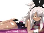  animal_ears ass bunny_ears bunny_girl bunny_tail bunnysuit chloe_von_einzbern closed_mouth dark_skin detached_collar eyebrows_visible_through_hair fake_animal_ears fate/kaleid_liner_prisma_illya fate_(series) from_side grey_hair hair_between_eyes hairband highres leotard long_hair looking_at_viewer lying on_stomach one_side_up shimejinameko shiny shiny_skin smile solo tail wrist_cuffs yellow_eyes 