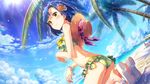  artist_request ass bangs beach bikini bird blue_hair blue_sky blush bracelet braid closed_mouth cloud day flower frilled_bikini frills green_bikini hair_flower hair_ornament hat hat_removed headwear_removed idolmaster idolmaster_million_live! idolmaster_million_live!_theater_days jewelry looking_at_viewer nanao_yuriko ocean official_art outdoors palm_tree sand sandals short_hair sky smile solo sunlight swimsuit tree yellow_eyes 