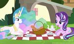  2017 crown cup cutie_mark duo equine female feral friendship_is_magic hair hi_res horn jewelry mammal multicolored_hair my_little_pony necklace outside picnic princess_celestia_(mlp) shutterflyeqd smile starlight_glimmer_(mlp) tea_cup unicorn winged_unicorn wings 