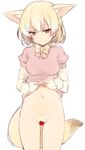  animal_ears blonde_hair bottomless bow bowtie brown_eyes censored commentary cowboy_shot fennec_(kemono_friends) fox_ears fox_tail heart heart_censor kemono_friends lifted_by_self light_smile looking_at_viewer nagami_yuu navel shirt_lift short_hair simple_background sketch solo tail white_background 