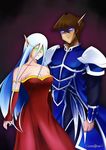  1boy 1girl armlet armor bare_shoulders blood_elf blue_armor blue_eyes breasts brown_hair cleavage clenched_hand collarbone commission cosplay crossover detached_sleeves dress elf glowing glowing_eyes green_eyes hair_between_eyes high_elf kaiba_seto kisara large_breasts light_blue_hair long_hair looking_at_viewer mouhitorinoboku neck parted_lips pointy_ears red_detached_sleeves red_dress short_hair spaulders standing strapless strapless_dress warcraft world_of_warcraft wow yu-gi-oh! 