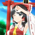  ;( armpits ascot bangs black_hair black_legwear blunt_bangs blush bow bush commentary day detached_sleeves frown hair_bow hair_tubes hakurei_reimu large_bow santarou sarashi short_hair sky solo torii touhou vest 