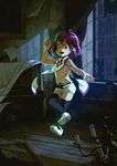  alkemanubis arm_up black_hair broken_glass broken_window dark doll flat_chest glass green_eyes highres indoors instrument jumping mary_janes navel open_mouth original outstretched_arm piano purple_hair shoes short_hair short_shorts shorts silk smile solo spider_web thighhighs window 