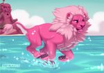  2015 day detailed_background feline fur hair kero_tzuki lion male mammal outside pale_eyes paws pink_fur pink_hair solo water 