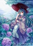  flower green_hair hair_intakes hakama hichou highres japanese_clothes leaf lilac long_hair looking_at_viewer mystical_power_plant nail_polish nature oriental_umbrella original red_eyes red_nails sky solo suitokuin_tenmu touhou umbrella 