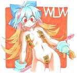  1girl character_request gloves multi-colored_hair navel nude oyatsu_(mk2) red_eyes surprised wand 