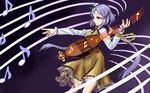  arm_up biwa_lute black_background brown_dress chain dress eighth_note flower hair_flower hair_ornament holding instrument long_hair long_sleeves lute_(instrument) meimaru_inuchiyo musical_note purple_eyes purple_hair quarter_note smile solo staff_(music) touhou treble_clef tsukumo_benben twintails 