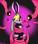  2015 5_fingers anthro bdsm black_nose black_sclera blonde_hair bodysuit bondage bound breasts clothed clothing crotch_rub dr._chaos eye_contact female glowing glowing_eyes hair lagomorph lexi_bunny loonatics_unleashed looney_tunes low_res mammal mind_control rabbit simple_background skinsuit solo tentacles tight_clothing torn_clothing upset warner_brothers 