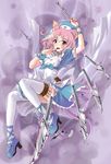  animal_ears breasts cat_ears cat_tail cleavage hat holster katahira_masashi multiple_tails nekomata nurse nurse_cap open_mouth original pink_hair red_eyes short_hair small_breasts solo syringe tail thigh_holster thighhighs weapon 