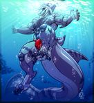  anthro bulge claws clothing digitigrade fish male marine muscular neodokuro open_mouth paws scar shark solo underwater underwear water 