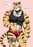  bearlovestiger13 black_stripes blue_eyes blush bulge clothed clothing clothing_lift english_text feline fur gou_(character) male mammal midriff muscular muscular_male shirt shirt_lift simple_background spatula striped_fur stripes tank_top text tiger underwear white_fur yellow_fur 