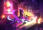  2018 4_toes 5_fingers anthro bed canine detailed_background digital_media_(artwork) dog duo fur gaiawolfess inside lying malakhael male mammal mephitid on_back on_bed purple_fur skunk toes 