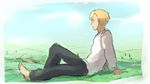  alphonse_elric arm_support barefoot black_pants cloud day frame fullmetal_alchemist grass happy knee_up landscape long_sleeves looking_afar looking_away male_focus mountain nature pants riru shirt sitting sky smile solo tree white_shirt 