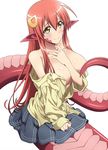  between_breasts blush breasts cleavage cover_image covering covering_breasts eyebrows_visible_through_hair fang hair_ornament hairclip highres lamia large_breasts long_hair looking_at_viewer miia_(monster_musume) monster_girl monster_musume_no_iru_nichijou official_art open_clothes pointy_ears red_hair scales simple_background slit_pupils smile solo tail_censor very_long_hair white_background yellow_eyes 