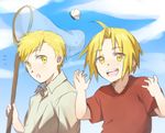  2boys :d :o alphonse_elric blonde_hair blush brothers bug butterfly butterfly_net child cloud day edward_elric eyebrows_visible_through_hair flying fullmetal_alchemist hand_net happy insect looking_at_another looking_at_viewer male_focus multiple_boys open_mouth red_shirt riru shirt short_hair siblings sky smile surprised white_shirt yellow_eyes 