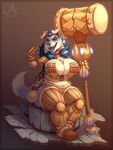 anthro armor big_breasts breasts canine clothed clothing female gauntlets gloves hammer looking_at_viewer mammal neodokuro open_mouth sitting solo thick_thighs tools 