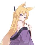  :3 animal_ears back_tattoo bangs bare_shoulders black_ribbon blonde_hair closed_mouth concon_confederation eyebrows_visible_through_hair fan folding_fan fox_ears fox_girl from_side hair_ribbon highres holding holding_fan japanese_clothes kimono long_hair looking_at_viewer looking_back parted_bangs ponytail purple_eyes purple_kimono ribbon smile solo tattoo thick_eyebrows transparent_background upper_body very_long_hair whisker_markings yagi_(ningen) 