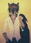  2014 anthro black_lips black_nose blakc_hair brown_fur brown_hair canine clothed clothing ear_piercing fur hair heterochromia kero_tzuki looking_at_viewer male mammal piercing simple_background smile solo wolf 