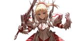  armor blonde_hair clarent commentary_request famepeera fate/apocrypha fate_(series) green_eyes long_hair mordred_(fate) mordred_(fate)_(all) ponytail smile solo sword weapon 