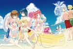  ball barefoot beach bikini blonde_hair blue_eyes blue_hair breasts brown_hair cagalli_yula_athha cleavage day dearka_elsman green_eyes gundam gundam_seed gundam_seed_destiny hair_ornament hana_(kikilala) innertube kira_yamato lacus_clyne long_hair lunamaria_hawke male_swimwear meer_campbell meyrin_hawke multiple_boys multiple_girls navel ocean one-piece_swimsuit open_mouth outdoors pink_hair purple_eyes red_hair rey_za_burrel sand shinn_asuka short_hair siblings silver_hair sky smile star star_hair_ornament stellar_loussier striped striped_bikini swim_trunks swimsuit swimwear twintails yellow_eyes yzak_joule 