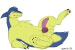  2015 alternate_version_available animal_genitalia animal_penis balls blush canine_penis chest_tuft cute_fangs digital_media_(artwork) feral fur half-erect hi_res knot legs_up looking_at_viewer lying male nintendo on_back penis pok&eacute;mon sheath shy side_view signature simple_background sketch solo spread_legs spreading syntex tuft typhlosion video_games 