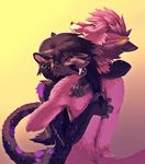  2014 5_fingers anthro black_fur blakc_hair canine dog duo ear_piercing feline female fur grey_fur hair kero_tzuki male mammal open_mouth piercing pink_fur pink_hair purple_nose purple_tongue saber-toothed_cat simple_background smile teeth tongue yellow_nose 