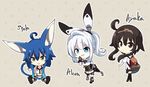  ahoge alcon animal_ears backpack bag bangs black_legwear black_skirt blue_eyes blue_hair blush brown_eyes brown_gloves brown_hair character_name chibi eyebrows_visible_through_hair fox_ears gloves gradient_hair green_eyes hair_between_eyes hairband hand_up kneehighs long_hair looking_at_viewer looking_back multicolored_hair multiple_girls natsuki_teru original pleated_skirt ponytail shikibe_ayaka sidelocks silver_hair sitting skirt standing stola thighhighs white_hair white_skirt 