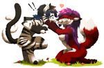  2015 black_nose blakc_hair blue_eyes breasts canine duo eyes_closed featureless_breasts feline female fox fur grass hair kero_tzuki kneeling male mammal purple_hair simple_background stanidng striped_fur stripes tiger white_background 