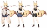  animal_ears bangs bare_shoulders belt belt_pouch bike_shorts black_gloves black_legwear blonde_hair blue_ribbon blue_skirt brown_hair closed_mouth commentary_request directional_arrow eyebrows_visible_through_hair fang fingerless_gloves fox_ears fox_girl fox_tail full_body gloves gradient_hair green_eyes hair_between_eyes hair_ribbon hand_on_hip japanese_clothes legs_apart long_hair looking_at_viewer low_ponytail magatama midriff multicolored_hair multiple_views navel original pleated_skirt pouch ribbon sandals shorts shorts_under_skirt simple_background skirt smile socks sports_bra standing tail tamakagura_inari white_background wide_sleeves yagi_(ningen) 