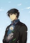  black_eyes black_hair cloud coat daisy eyebrows_visible_through_hair feathers flower fullmetal_alchemist gloves glowing_flower hand_on_own_chest looking_away looking_down male_focus riru roy_mustang sad sky solo uniform 