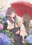  bangs black_legwear black_skirt blush brown_eyes brown_hair closed_mouth commentary_request eyebrows_visible_through_hair flower green_eyes holding holding_umbrella hydrangea kneehighs light_smile long_hair looking_at_another low_twintails millcutto multiple_girls original pleated_skirt rain school_uniform serafuku shared_umbrella short_sleeves skirt smile squatting twintails umbrella 
