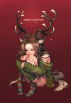 animal_ears antlers bare_shoulders brown_eyes brown_hair crying deer_ears full_body green_sweater highres leg_hug long_hair majo merry_christmas personification red_background red_nose rudolph_the_red_nosed_reindeer sitting solo striped striped_legwear sweater very_long_hair 