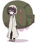  backpack bag black_hair black_legwear blue_eyes blush cloak closed_mouth cosplay dungeon_ni_deai_wo_motomeru_no_wa_machigatteiru_darou_ka expressionless eyebrows_visible_through_hair highres hood hooded_cloak kaban_(kemono_friends) kemono_friends liliruca_arde liliruca_arde_(cosplay) pantyhose shipii_(jigglypuff) short_hair solo torn_cloak trait_connection translated 