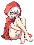  1girl ass blush bottemless character_request feet hood megane oyatsu_(mk2) red_eyes toes white_hair 