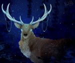  2018 blue_eyes brown_fur cervine detailed_background digital_media_(artwork) eyelashes feral fur mammal nashiholy night outside sky solo standing star starry_sky 