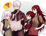  3girls ? black_gloves book brown_eyes casual eva_smith family father_and_daughter fire_emblem fire_emblem:_kakusei gloves hood male_my_unit_(fire_emblem:_kakusei) map mark_(female)_(fire_emblem) mark_(fire_emblem) mother_and_daughter multiple_girls my_unit_(fire_emblem:_kakusei) red_eyes red_hair selena_(fire_emblem) silver_hair smile spoken_question_mark tiamo yellow_eyes 
