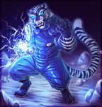  anthro clothed clothing feline glowing glowing_eyes looking_at_viewer magic male mammal muscular neodokuro nipples open_mouth solo standing tiger topless 