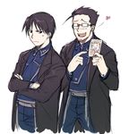  2boys annoyed beard black_eyes black_hair blush coat crossed_arms elicia_hughes eyebrows_visible_through_hair facial_hair father_and_daughter fullmetal_alchemist glasses gloves happy heart looking_at_another looking_away maes_hughes male_focus multiple_boys open_mouth photo_(object) pointing riru roy_mustang short_hair simple_background smile sweatdrop uniform white_background 