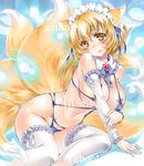  animal_ears artist_name at_classics bangs bare_shoulders blonde_hair blush breasts closed_mouth collar covered_nipples detached_collar detached_sleeves eyebrows_visible_through_hair fox_ears fox_tail frilled_collar frilled_legwear frilled_sleeves frills hair_between_eyes hand_on_own_arm large_breasts long_sleeves looking_at_viewer maid_headdress multiple_tails navel sample short_hair sitting smile solo stomach tail thighhighs touhou traditional_media watermark white_legwear yakumo_ran yellow_eyes yokozuwari 