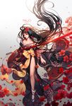  absurdly_long_hair absurdres artist_name black_hair dated floral_print flower full_body glint hair_flower hair_ornament highres holding holding_sword holding_weapon japanese_clothes katana kimono long_hair looking_at_viewer majo nail_polish parted_lips petals red_eyes red_nails sandals socks solo sword very_long_hair weapon white_legwear 