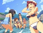  akado_harue atarashi_ako bent_over bikini blue_sky breasts cleavage cloud day hands_on_own_knees large_breasts matsumi_kuro matsumi_yuu medium_breasts mountain multiple_girls outdoors playing sagimori_arata saki sandals sky swimsuit takakamo_shizuno towel towel_on_head tsuchinoko_(muni_muni) water 