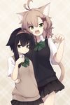  :3 :d ahoge animal_ears bangs black_hair black_skirt blouse bow bowtie breasts brown_eyes cat_ears cat_girl cat_tail commentary_request derivative_work fang green_bow green_eyes green_neckwear grey_hair hair_flaps hair_ornament hairband large_breasts looking_at_viewer multiple_girls natsuki_teru nekomiya_ryuu open_mouth original paw_pose plaid plaid_background pleated_skirt school_uniform shikibe_ayaka short_hair_with_long_locks short_sleeves sidelocks skirt small_breasts smile sweater_vest tail v-shaped_eyebrows white_blouse x_hair_ornament 