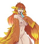  animal_ears bird_ears bird_wings blonde_hair breasts eating feathered_wings feathers food gradient_hair gradient_wings harpy highres holding holding_food large_breasts less long_hair looking_at_viewer mons_pubis monster_girl multicolored multicolored_hair multicolored_wings navel nipples orange_eyes orange_feathers orange_hair popsicle simple_background smug solo tongue tongue_out upper_body white_background wings yellow_feathers yellow_pupils 