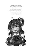  ? bow bowtie breasts comic dress fang greyscale hair_ribbon highres imu_sanjo kantai_collection large_breasts long_hair looking_at_viewer monochrome naganami_(kantai_collection) open_mouth ribbon school_uniform shirt side_ponytail sleeveless sleeveless_dress solo translated wavy_hair 