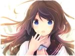  :o artist_name backlighting bangs blue_eyes blurry bokeh brown_hair commentary_request depth_of_field floating_hair hand_up long_hair looking_at_viewer open_mouth original school_uniform serafuku signature solo yonema 