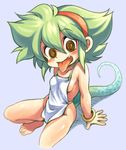  1girl apron blush crazy dark_skin feet green_hair monster_girl original oyatsu_(mk2) tail thighs toes 