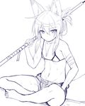  bandaged_arm bandages bangs barefoot bikini_top breasts closed_mouth collarbone commentary_request eyebrows_visible_through_hair folded_ponytail hair_between_eyes holding holding_spear holding_weapon long_hair looking_at_viewer monochrome navel original polearm shorts sidelocks sitting sketch small_breasts solo spear tamakagura_inari weapon yagi_(ningen) 