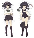  ahoge bangs black_hair black_legwear black_skirt blouse breasts closed_mouth dakimakura eyebrows_visible_through_hair hair_between_eyes hairband hairband_removed kneehighs looking_at_viewer lying multiple_views natsuki_teru on_back open_clothes original pleated_skirt school_swimsuit shikibe_ayaka short_hair_with_long_locks short_sleeves sidelocks skirt skirt_around_one_leg small_breasts swimsuit white_blouse 