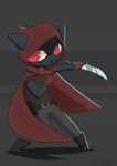  &gt;:3 anthro belt boots cat cloak clothed clothing dagger fantasy feline female footwear gloves lasingro looking_aside mae_(nitw) mammal melee_weapon night_in_the_woods red_eyes rogue smile solo weapon 